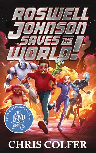 Book cover: children running with robots and aliens, fiery background.