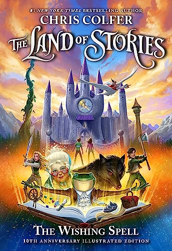 Book cover: castle, characters, and open storybook with illustrated fantasy scene.