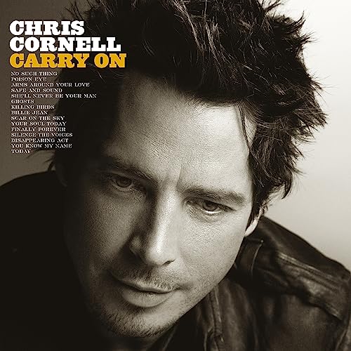 Close-up portrait of Chris Cornell on the Carry On album cover with tracklist.