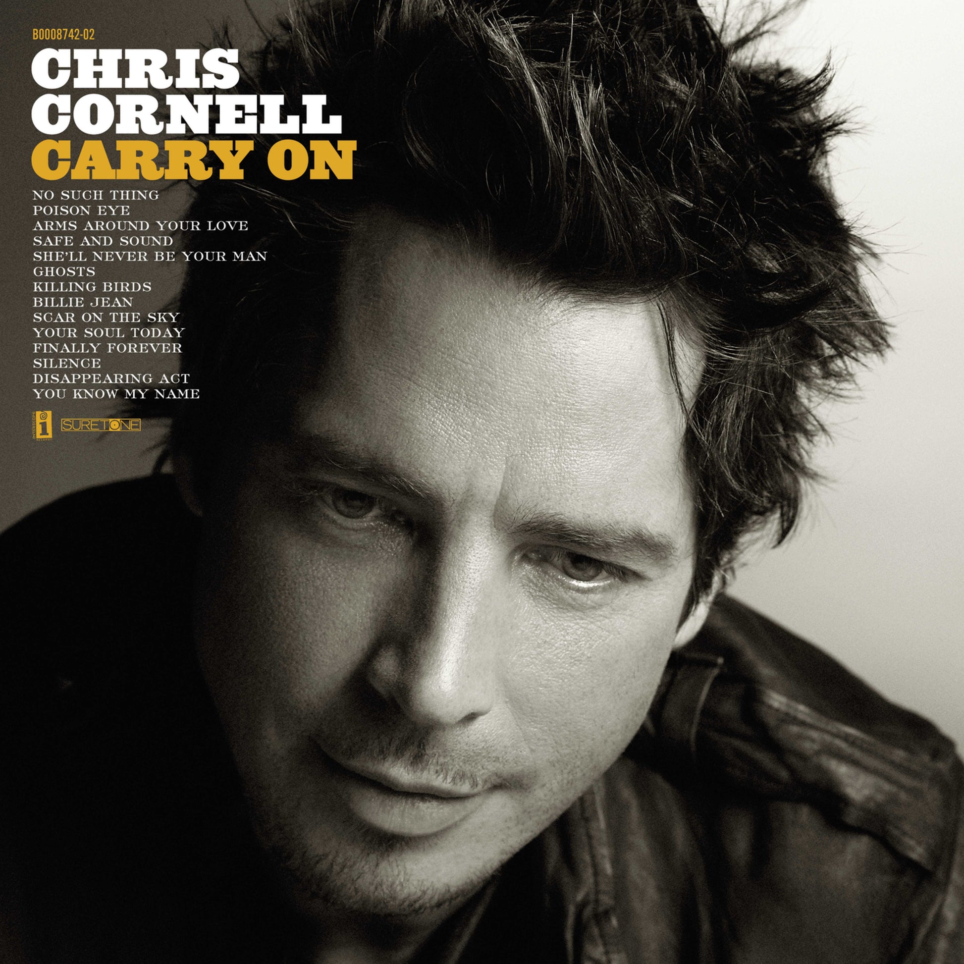 Black and white portrait of Chris Cornell with album tracklist on the left side.