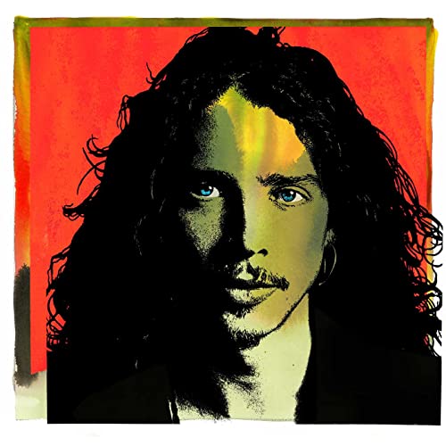 Chris Cornell portrait with long, dark hair and a red, textured background.