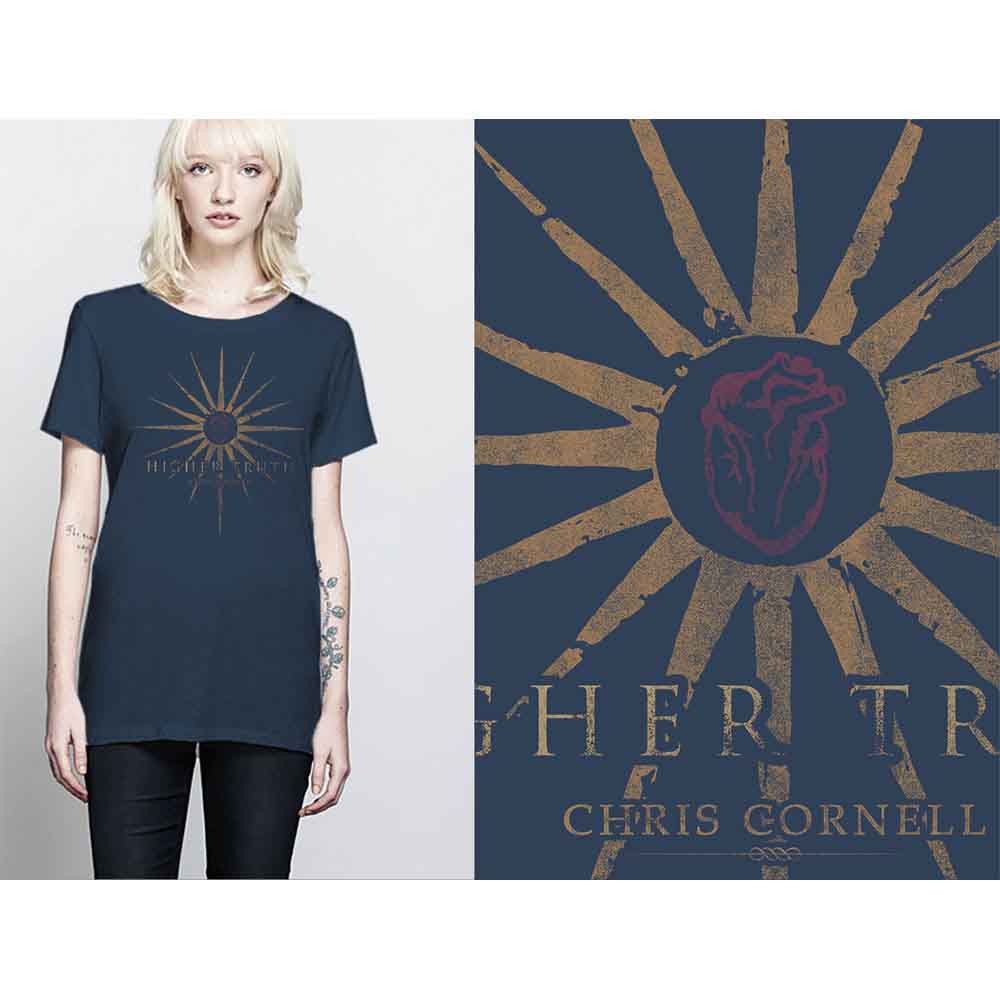 Navy blue Chris Cornell t-shirt with a sunburst and text design.