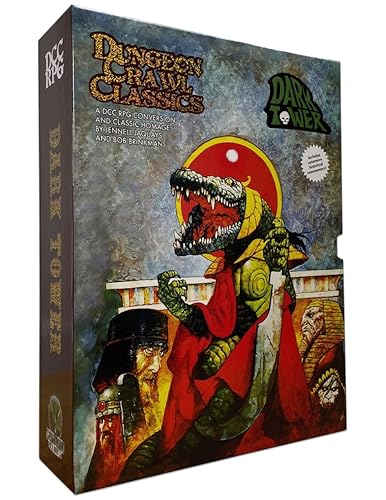 Game box with illustrated crocodile-like creature and figures in red robes.