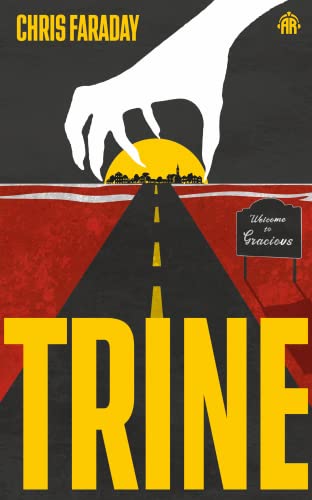 Book cover for “Trine” with a hand reaching toward a townscape.