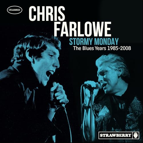 Two blue-tinted photos of Chris Farlowe singing into a microphone on a black background.