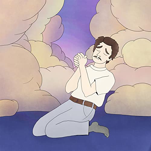 Cartoon of a kneeling man with hands clasped, surrounded by clouds.
