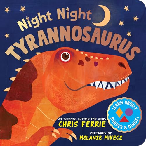 Orange Tyrannosaurus Rex illustration on a dark blue book cover with stars.