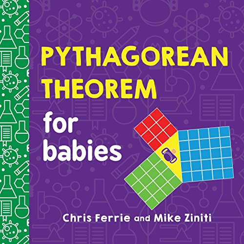 Book cover titled Pythagorean Theorem for babies with a geometric grid illustration on purple.