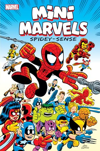 Cartoon cover of “Mini Marvels: Spidey-Sense” featuring Spider-Man and other heroes.