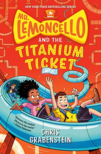 Book cover: children on a rollercoaster inside a bright, colorful library.