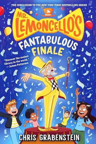 Book cover featuring Mr. Lemoncello and excited children amid falling tickets.