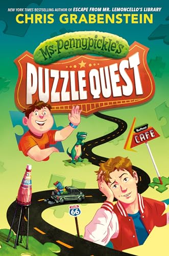 Book cover: “Ms. Pennypickle’s Puzzle Quest” with kids, a dinosaur, and a road.
