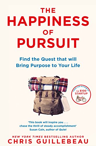 Book cover for The Happiness of Pursuit with a backpack and plaid blanket illustration.