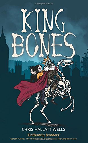 Book cover: children with a skeletal horse and crown against a cityscape.