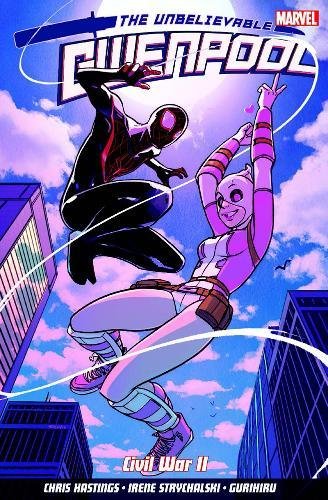 Gwenpool, Spider-Man, and a pig-masked character in a dynamic comic book cover.