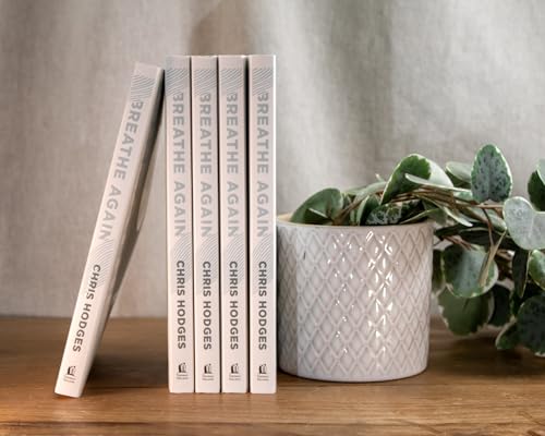 Stack of four beige books titled "Breathe Again" with a potted plant.