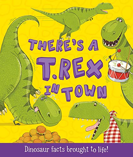 Book cover with cartoon T-Rex dinosaurs playing instruments in town.