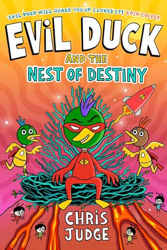 Book cover featuring a green duck in a red superhero suit sitting in a nest.