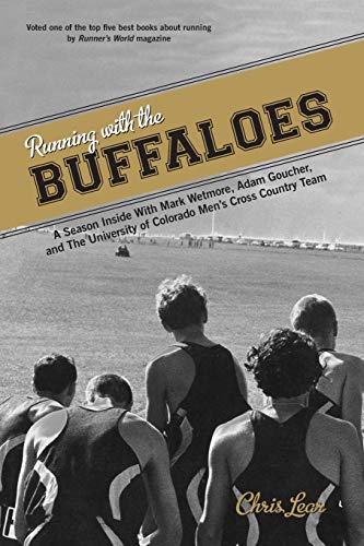 Book cover showing runners from behind on a track with the title Running with Buffaloes.