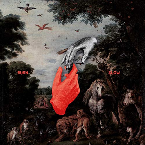 Album cover: surreal landscape with birds, hand, fire, animals, and text.