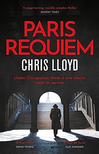 Book cover: “Paris Requiem” with a figure under an archway, Eiffel Tower visible.