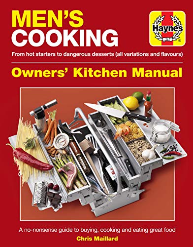 Men’s cooking manual cover with toolbox filled with food and utensils.