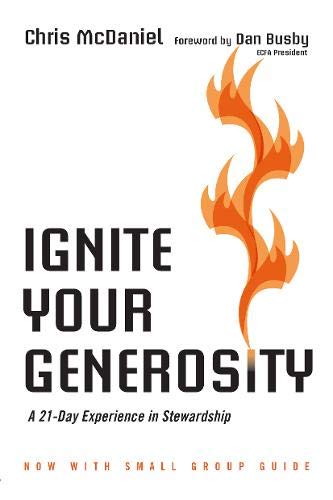 Book cover with bold text “Ignite Your Generosity” and orange flame graphic.