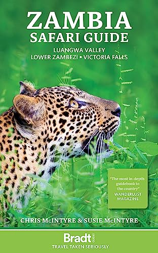 Book cover featuring a leopard in green foliage, titled Zambia Safari Guide by Bradt.