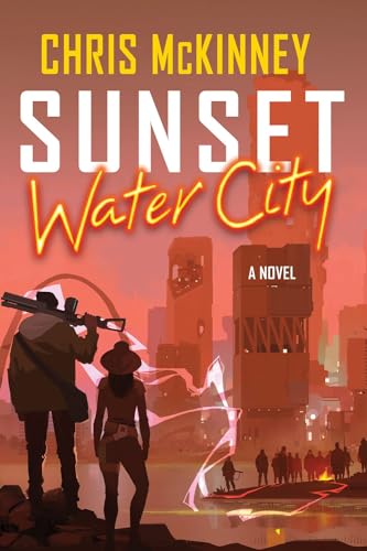 Book cover featuring two figures with a weapon overlooking a futuristic red city.