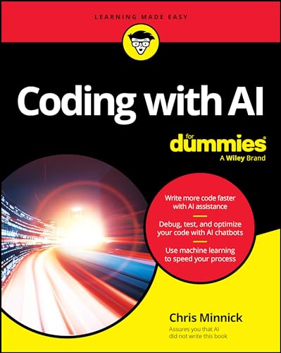 Book cover: "Coding with AI For Dummies" with a tunnel of light.