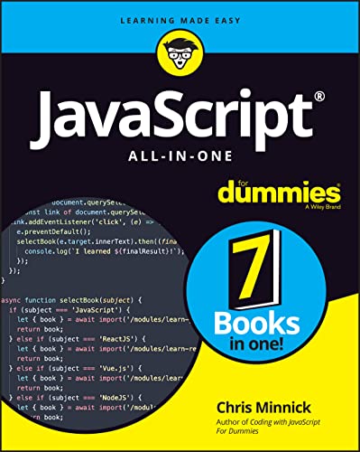 Book cover: "JavaScript All-in-One For Dummies" with code snippets.