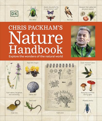 Book cover: “Chris Packham’s Nature Handbook” with illustrations of plants and insects.