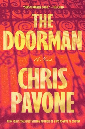 Book cover of The Doorman by Chris Pavone against a red wrought iron background.