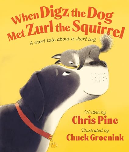 A black and white dog looks up at a small brown squirrel on its nose.