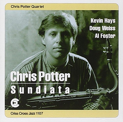 Album cover with Chris Potter holding a saxophone, gold border, white background.