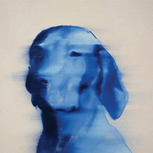 Blue abstract painting of a dog’s head, looking downward.