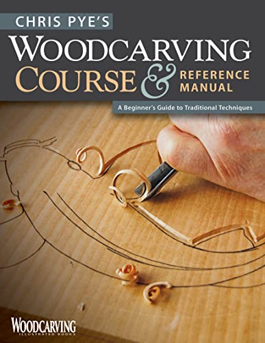 Book cover: woodcarving course with hand using a carving tool on wood.