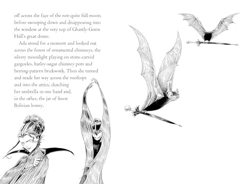 Black and white illustration of a girl with bats in flight.