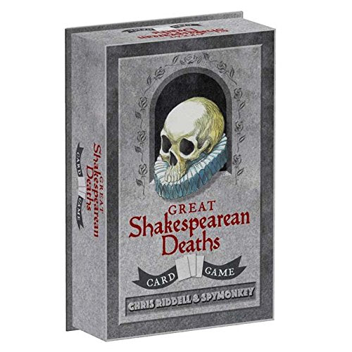 A rectangular game box featuring a skull wearing a ruff collar on a stone background.