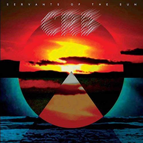 "Album cover with sunset landscape, geometric shapes, and 'Servants of the Sun' text."
