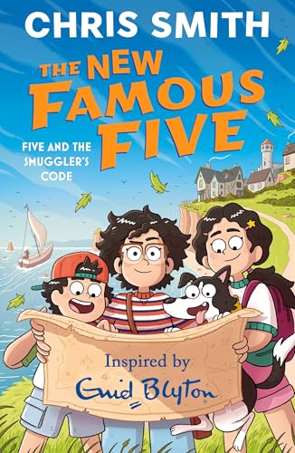 Book cover featuring four children and a dog with a map, coastal background.
