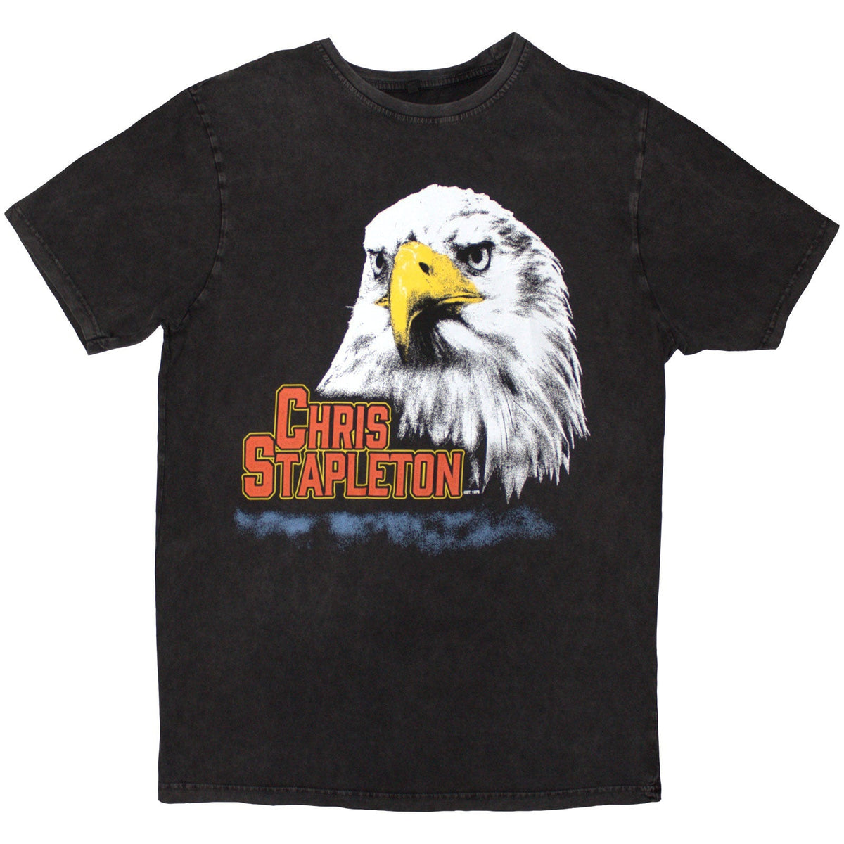 Charcoal grey, stone wash t-shirt with a faded eagle graphic design.