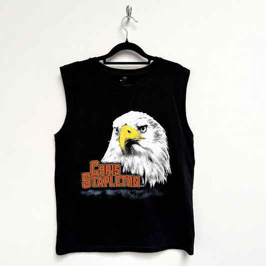 Black unisex tank top featuring a graphic of an eagle, size extra-large.