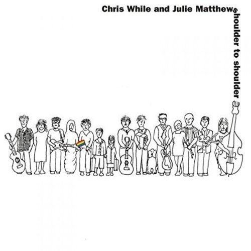 "Album cover with black and white illustration of people holding instruments, on white background."