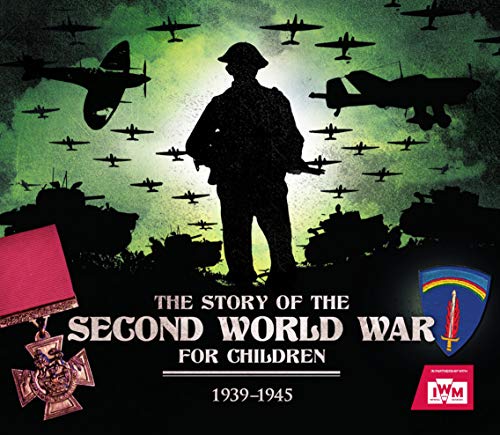 Silhouette of soldier with planes and tanks against greenish background with war symbols.