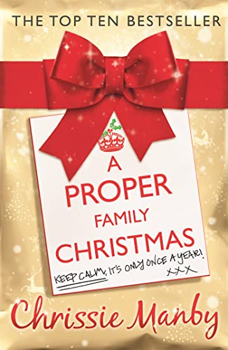 Book cover: "A Proper Family Christmas" with a red ribbon and tag.