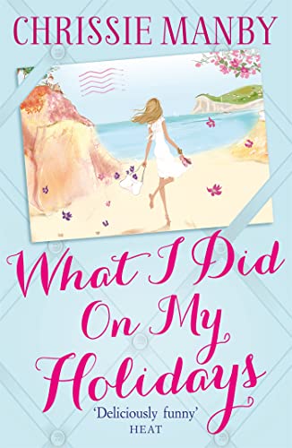 Book cover: woman walking on beach with a postcard scene above.