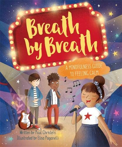Book cover with three children, a guitar, and bright marquee lights.