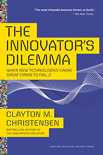 Book cover: "The Innovator's Dilemma" by Clayton M. Christensen, blue background.