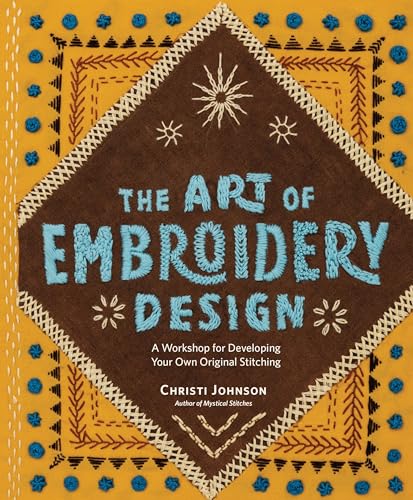 Book cover: “The Art of Embroidery Design” with embroidered diamond pattern.